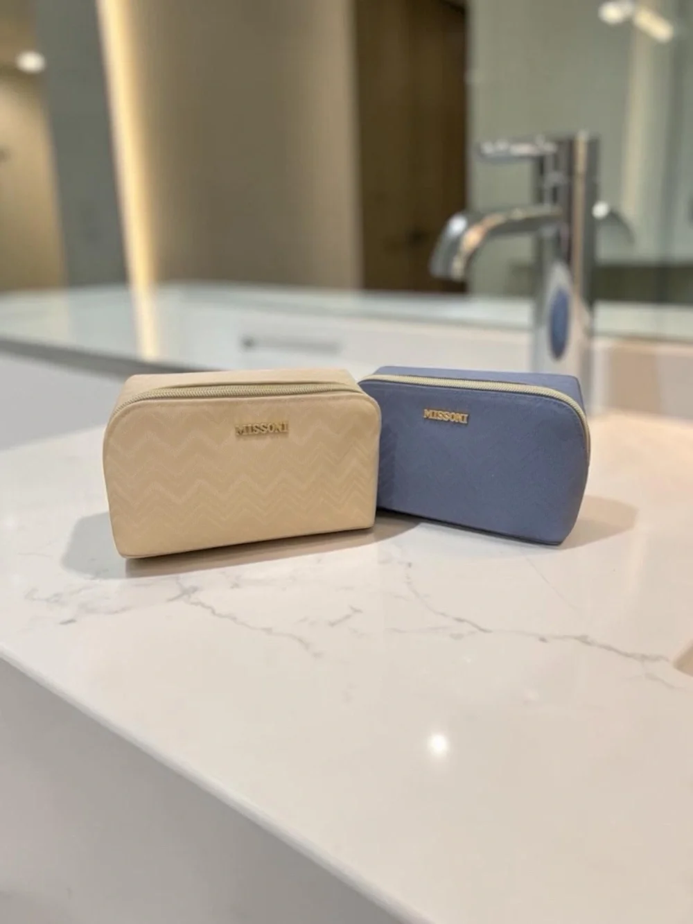 Missoni Delta One Travel Amenity Kit Bag Cream & Blue Set Of 2, New, Sealed